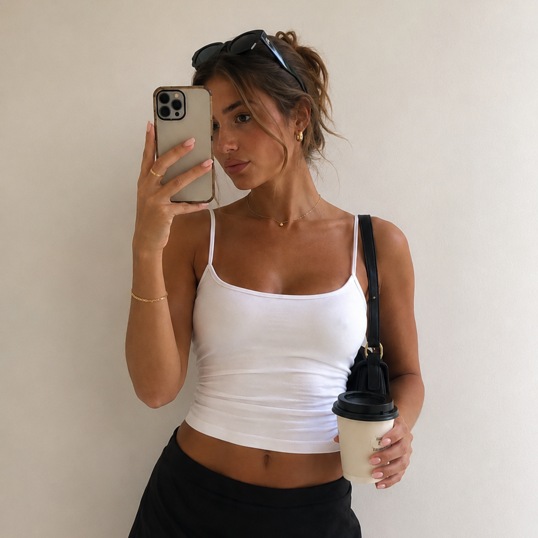 Woman taking a mirror selfie wearing a white tank top and black skirt, holding a coffee cup.