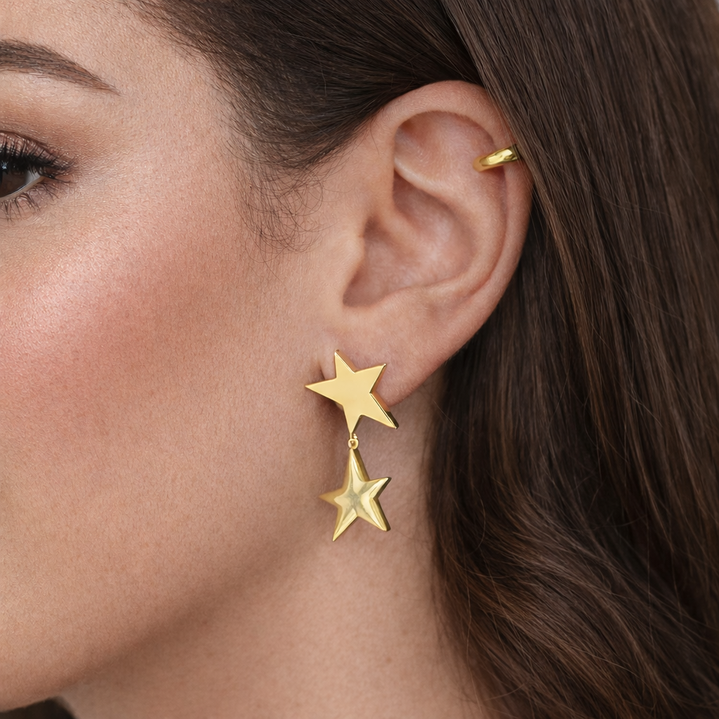 Astra Drop Earrings worn in a Lumé Lumé lifestyle image