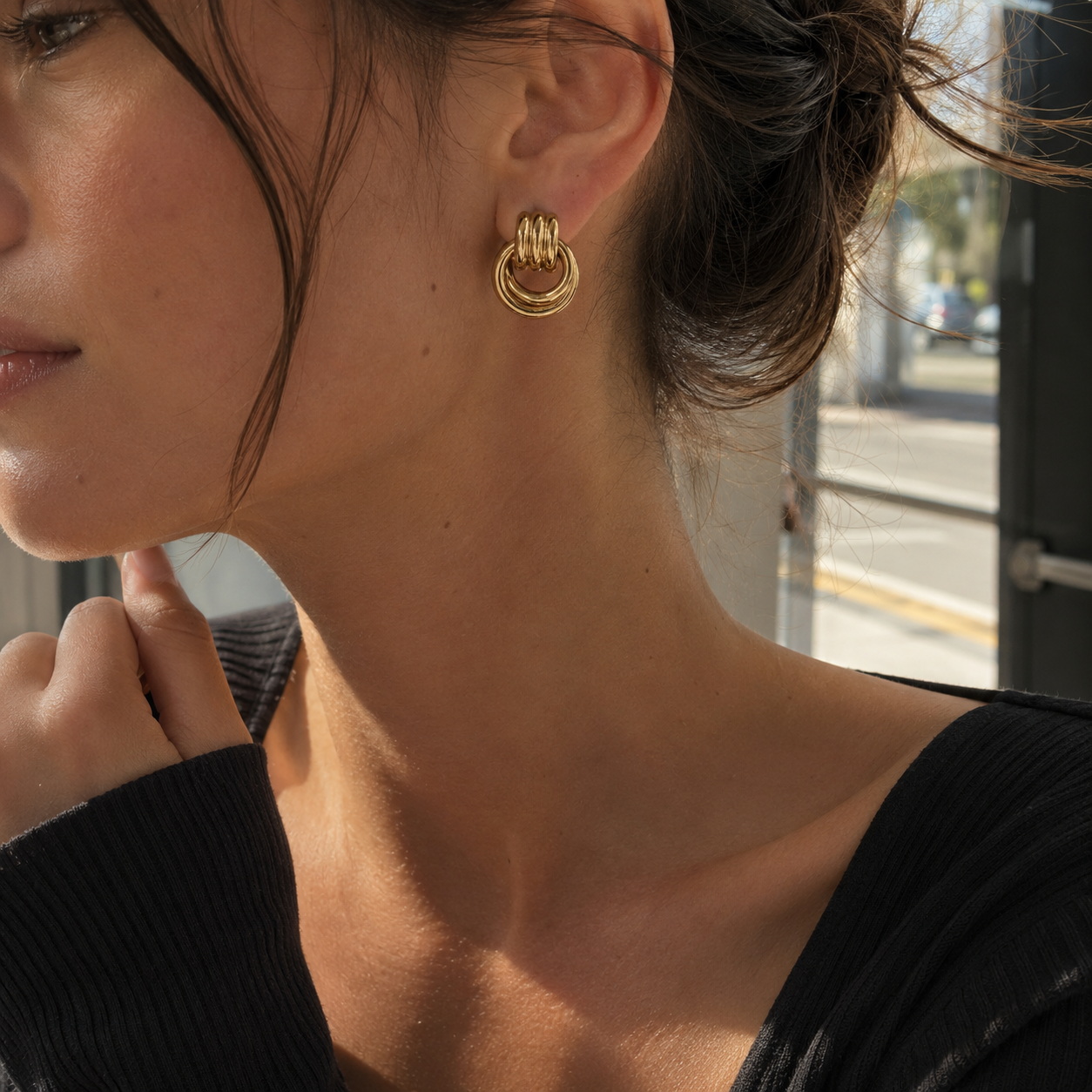Aurelia Statement Earrings worn in a Lumé Lumé lifestyle image