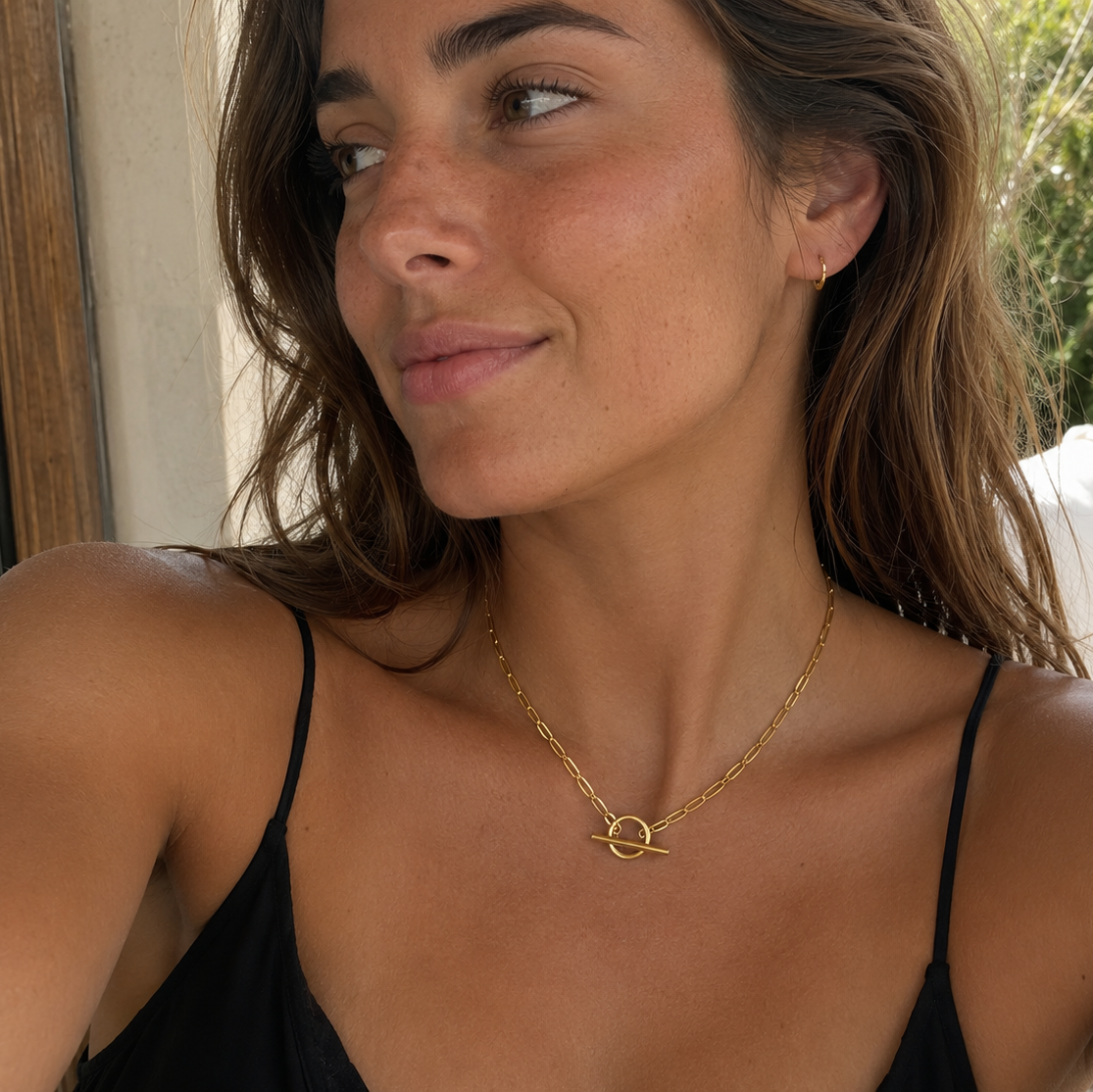 Clara Toggle Necklace worn in a Lumé Lumé lifestyle image