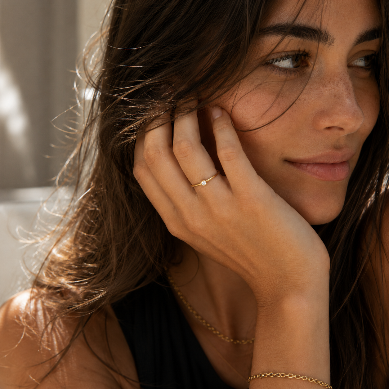 Elayne Ring worn in a Lumé Lumé lifestyle image