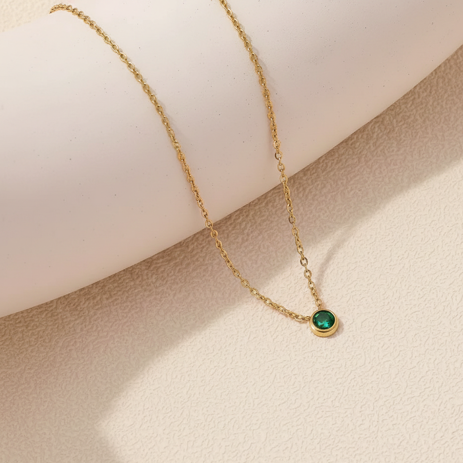 Emerald Droplet Necklace gold and green pendant detail by Lumé Lumé