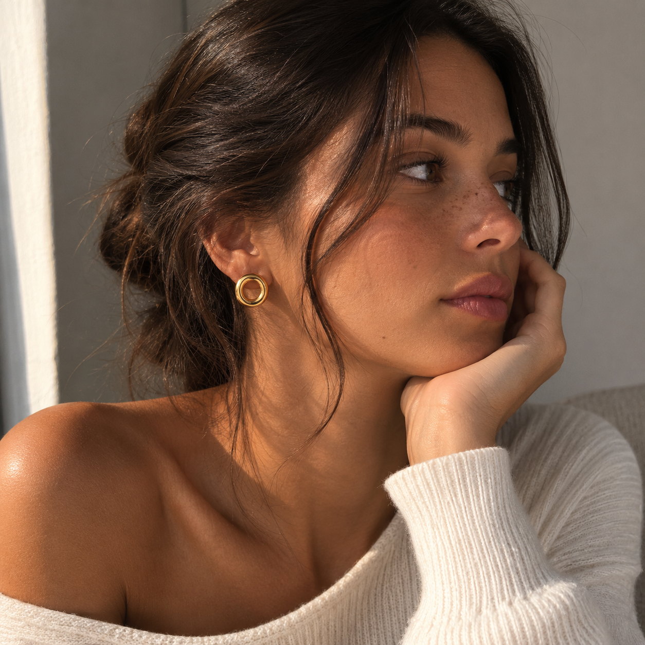 Halo Loop Earrings worn in a Lumé Lumé lifestyle image
