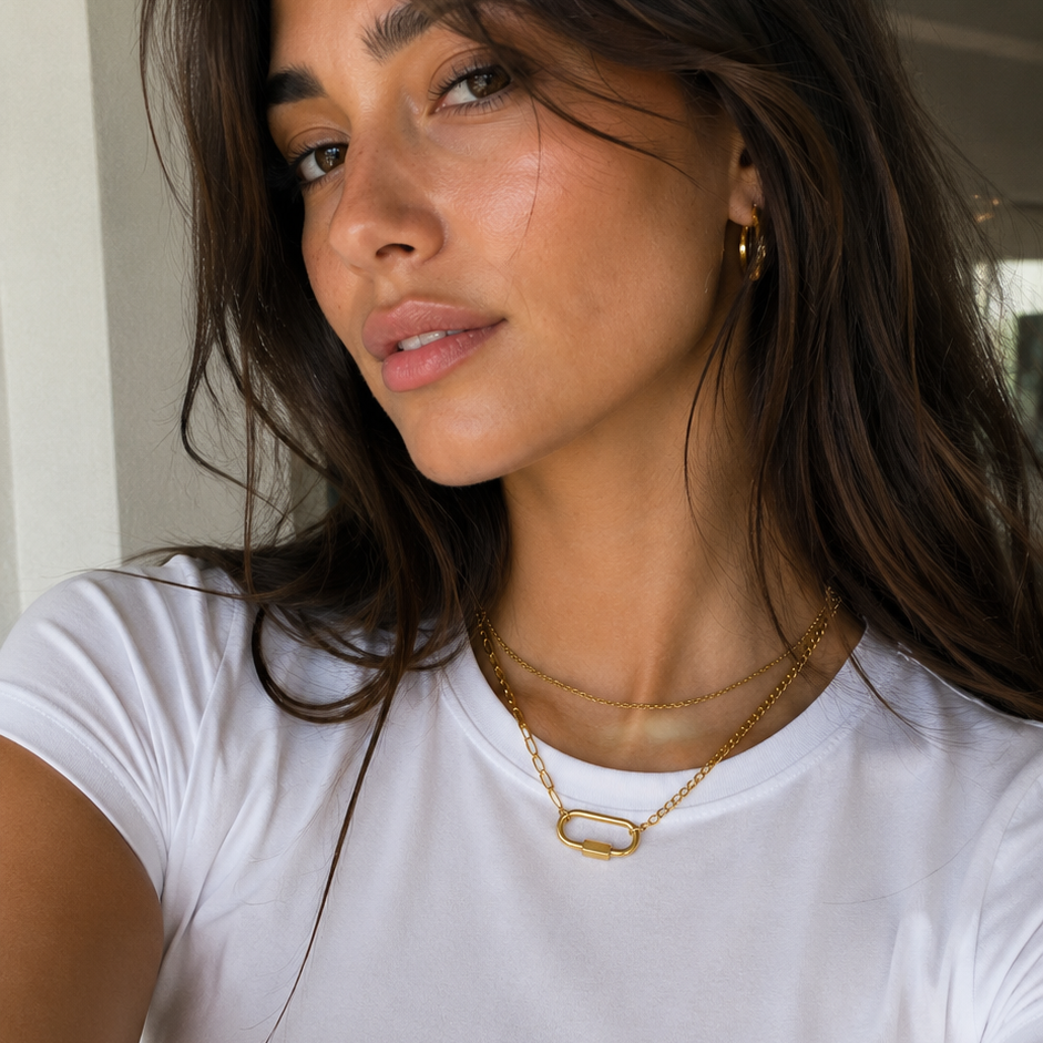 Link Chain Necklace worn in a Lumé Lumé lifestyle image