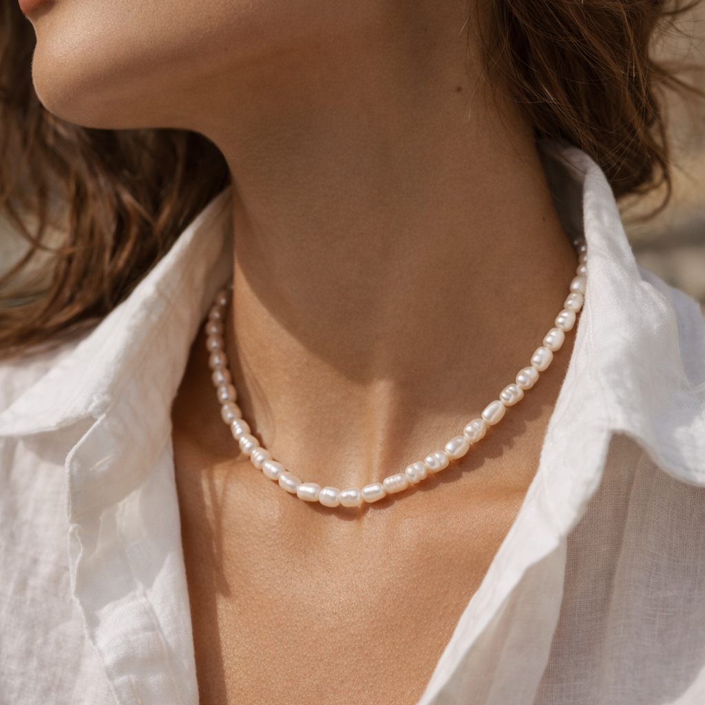 Lumière Pearl Necklace styled in a second Lumé Lumé lifestyle image