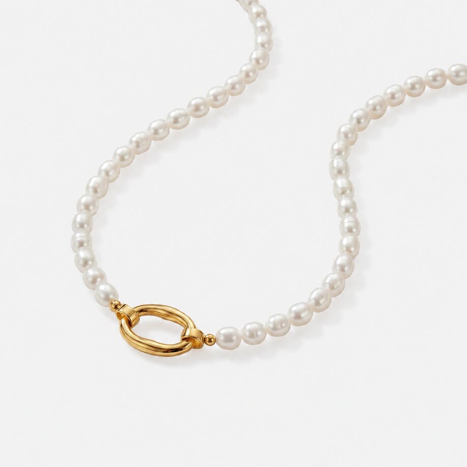 Luna Pearl Necklace with gold oval detail by Lumé Lumé