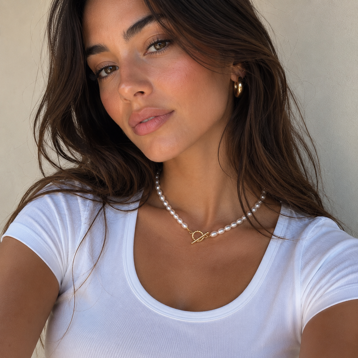 Pearl Toggle Necklace worn in a Lumé Lumé lifestyle image