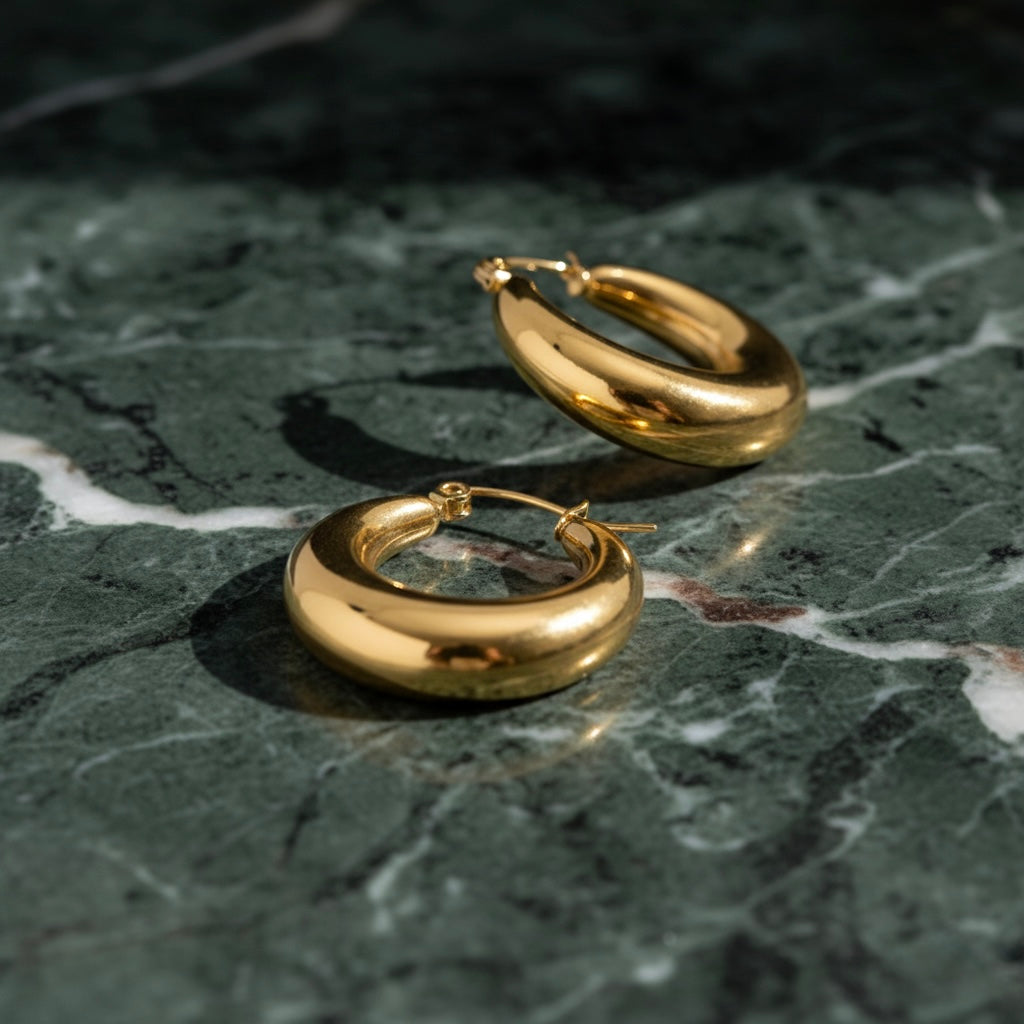 Solara Drop Hoops styled in a Lumé Lumé lifestyle image