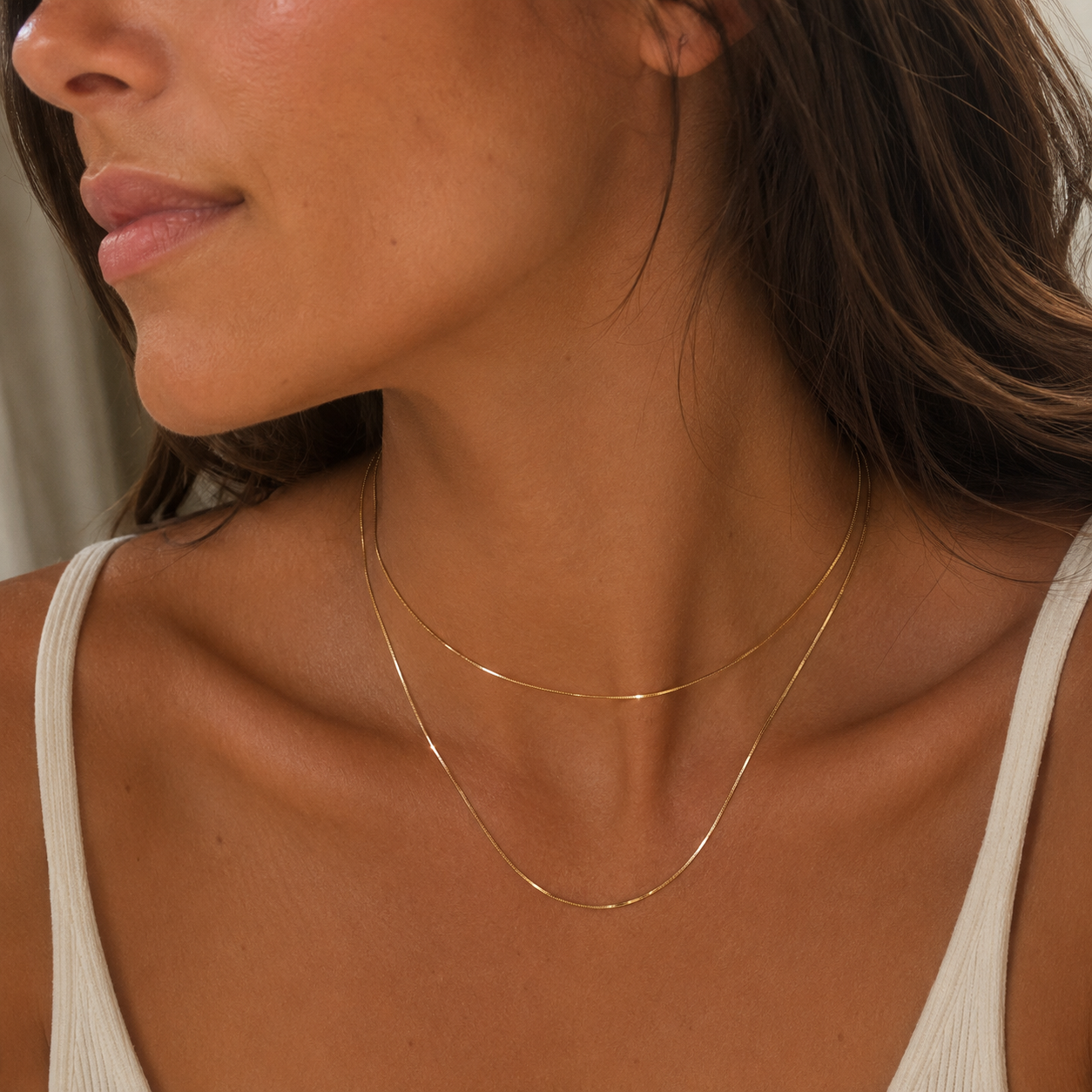 Solene Layered Necklace worn in a Lumé Lumé lifestyle image